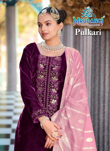Pulkari By Mrudangi Pure Velvelt With Embroidered & Sequence Work Top With Bottom Dupatta Onlione Wholesale